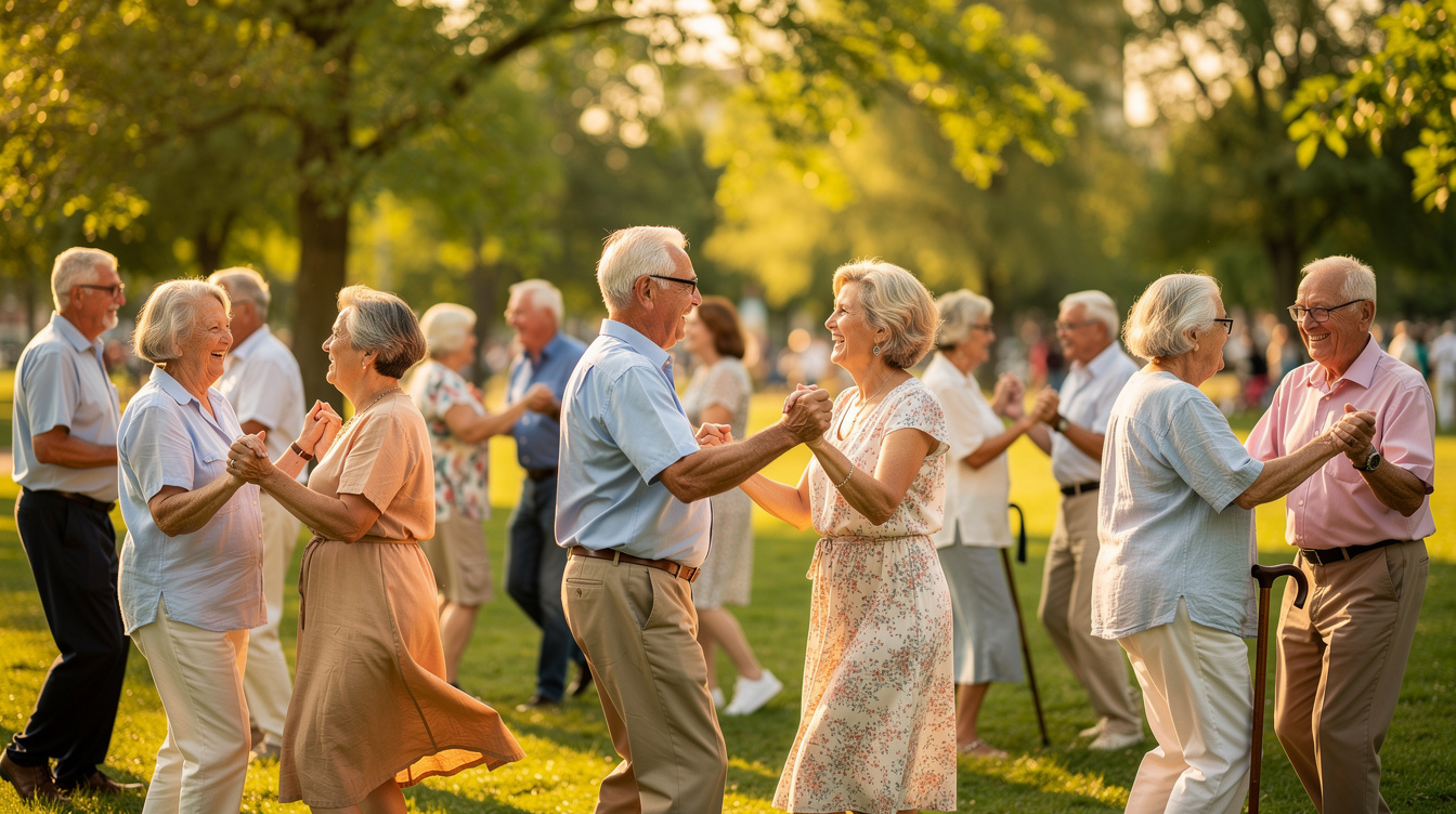 Group of active senior citizens dancing and celebrating outdoors
